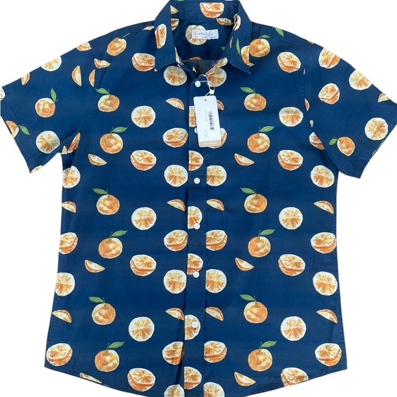 Blue Orange Casual Button Down Shirt with Playful Pattern - Picture 1 of 5